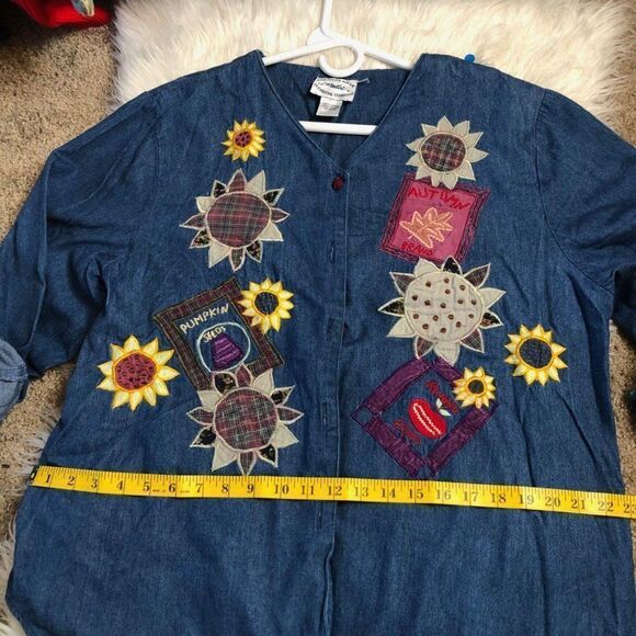 Vintage 90s Fall Autumn Halloween Denim Embroidered Button Down Shirt - Picture 2 of 8